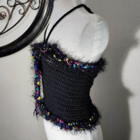 HANDCRAFTED Top Corsetted Cropped Crochet Black Size M - Picture 9 of 13